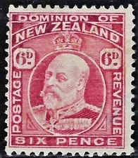 NEW ZEALAND) 1909  Sct #137  Mint/H,  Very Fine   King Edward VII   6p  No Gum