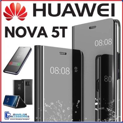 FLIP COVER FOR HUAWEI NOVA 5T BLACK MIRROR BOOK CASE CLEAR VIEW 360° 5T
