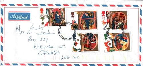 1991 CHRISTMAS GREAT BRITAIN SET OF 5 PRIVATE FIRST DAY OF ISSUE COVER TO CANADA