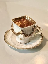 Vintage Gold-Plated Teacup with Square Top and  Fluted Saucer