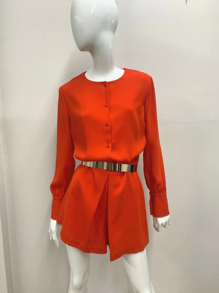Nuevo con etiquetas Mameluco corto plisado de manga larga rojo-naranja BCBGMAXAZRIA para mujer Foto 4 de 4
