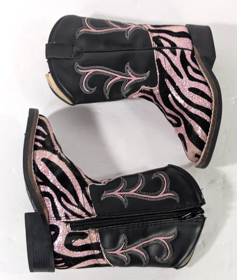 Botas de Vaquero Old West Niñas Cebra Brillo Rosa Negro Western Niño Pequeño 7 Foto 4 de 4
