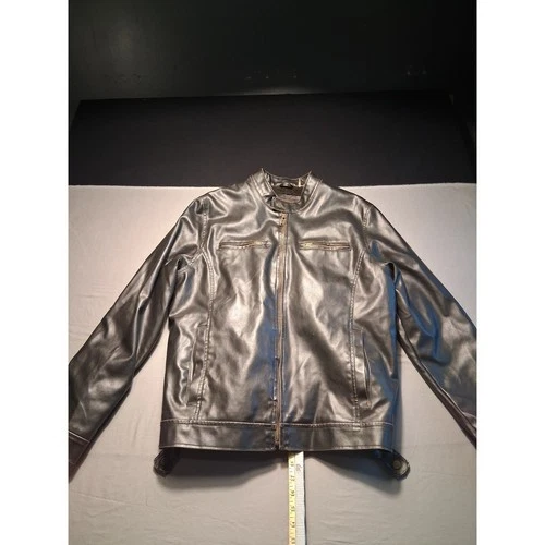 Guess Jacket Mens L Dark Brown Leather Cafe Racer Sherpa Lined Full Zip - product listing photo