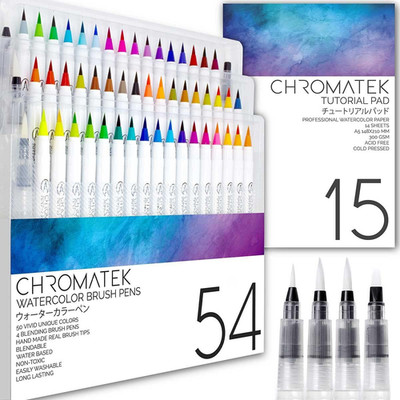 CHROMATEK Watercolour Pencils Brush Pen Set for Painting - 54 Brush Pens, 4 Mixi
