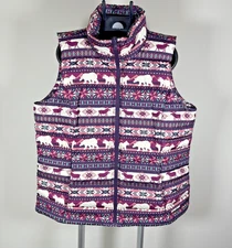 Lands End Pink Puffer Vest Nordic Fair Isle Polar Bear Reindeer Women's Size L