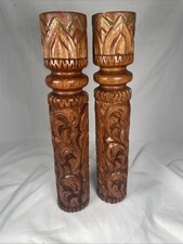 Ornate Handcraved Wood Candle Holders  10  Vtg Pair MCM