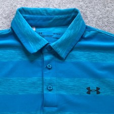 Under Armour Polo Shirt Mens Large Blue Stripe Golf Performance Heatgear Stretch
