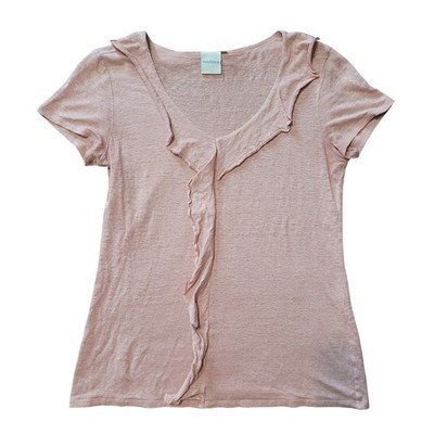 Sundance Women S Top Pink 100% Linen Ruffle Front Short Sleeve V-Neck Portugal