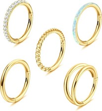Jstyle 5Pcs 18G 16G Surgical Steel Nose Rings Hoop for Women Opal CZ Gold