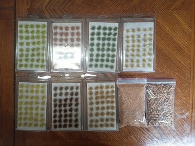 Lot of 7 miniature static grass tuffs and basing materials 