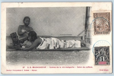 Madagascar East Africa Postcard Scenes from Malagasy life Hair Salon 1911