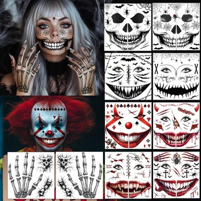 YITLA 10 Sheets Face Tattoos: Skull, Clown, Spider Web - Halloween Make up for Women &