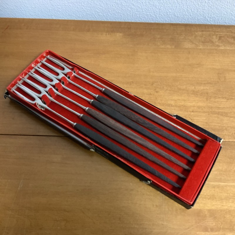 6 Vintage MCM Wood Handles Fondue Forks W/Box 10.5” Long Japan Stainless Steel