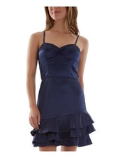 BCX DRESS Womens Sheath Dress Navy Spaghetti Strap Molded Cups Satin Juniors 17