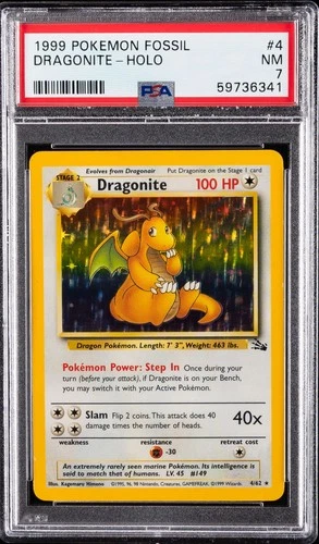 1999 POKEMON FOSSIL #4 DRAGONITE-HOLO PSA 7