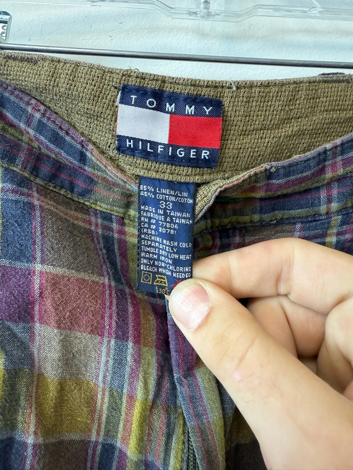 Pantalones Cortos Tommy Hilfiger De Colección Para Hombre 33 Cuadros Multicolor Lino Algodón Verano Años 90 Foto 2 de 4