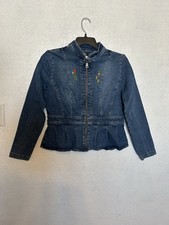 DKNY Floral Embroidered Denim Jacket Women's Zip Up Size Small Dark Wash Y2K