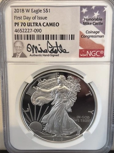 2018 W NGC PROOF PF70 UC FIRST DAY FUN SHOW 1oz MIKE CASTLE SIGNED SILVER EAGLE