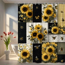Farmhouse Sunflower and Bee Patchwork Rustic Floral Shower Curtain