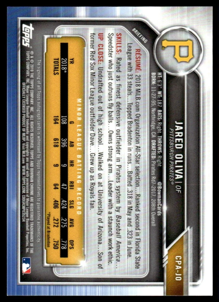 2019 Bowman Chrome Prospects Autographs Jared Oliva Auto /150 Pittsburgh Pirates - Image 2 of 2