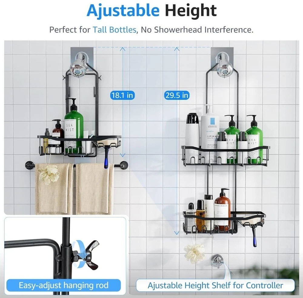 Shower Caddy Extended Length, Over Showerhead No Blocking w/Hooks & Soap Holder