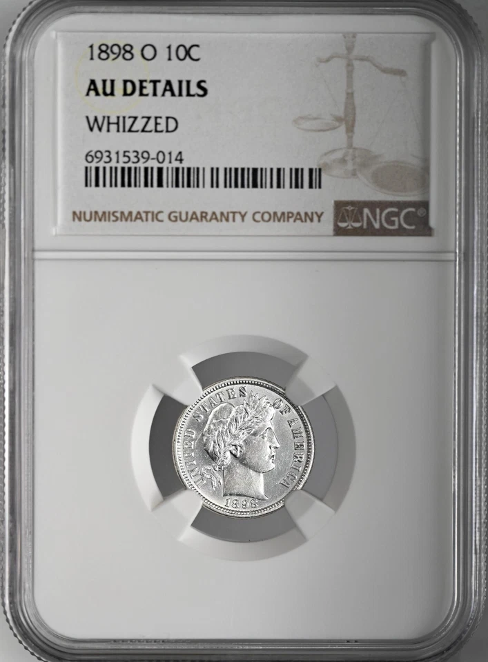 1898-O 10C BARBER SILVER DIME NEW ORLEANS NGC AU DETAILS WHIZZED #6931539-014 - Image 2 of 4
