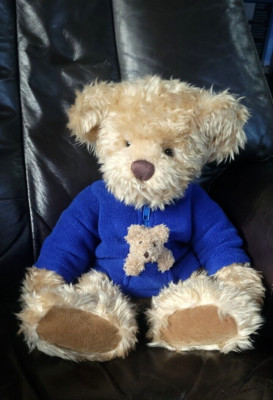 Wunderschöner RUSS BERRIE Gold/Honig Teddy in blau Fleece mit Babybär in Tasche