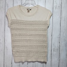 LOFT Women's SWEATER Knitted Cap Sleeves Ivory Cream Cotton Size Medium