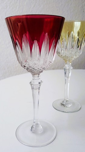 Juego de 2 copas de vino años 50 cristal de plomo con revestimiento colorido amarillo rojo - Imagen 3 de 8