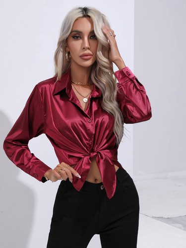 Elegant Women Satin Shirt Solid Color Long Sleeve Blouse Casual Button Down Tops - Picture 30 of 117