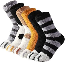 6 PAIRS WOMEN'S FUZZY WINTER FLUFFY COZY WARM CUTE CAT PATTERN PAW SOCKS SET