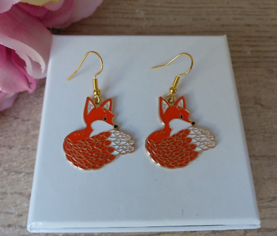 Boucles d'Oreilles Renard Orange et Blanc Fait Main Métal Doré - Bijoux des Lys
