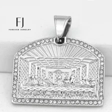 Men's Silver Stainless Steel 35mm JESUS last dinner CZ Pendant,Box