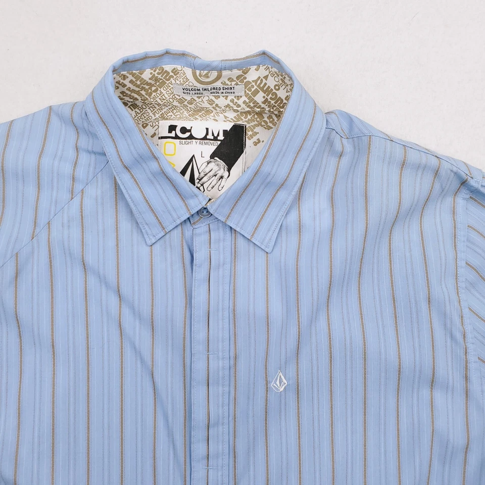 Volcom Shirt Mens Large Blue Gray Striped Highway Tailored Double Button Mitered - Image 2 of 4