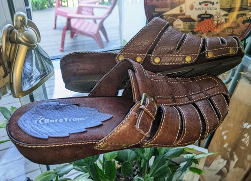 Sandalias para mujer con trampas desnudas de cuero marrón de rebote punta cerrada talla 8,5, ¡en excelente estado! - Imagen 10 de 12