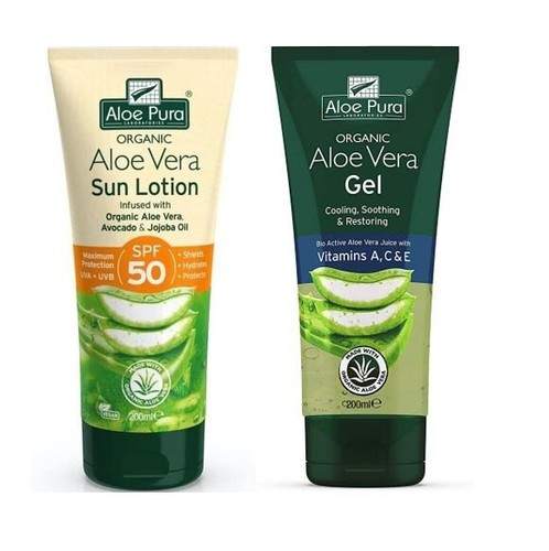 Aloe Pura Organic Aloe Vera Sun Lotion SPF 50 200ml + ACE Aloe Gel Combo Pack. - Afbeelding 1 van 3