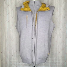 NWT G/FORE Mens Sz L Hooded Merino Wool Full Zip Gilet Vest Gray Yellow 