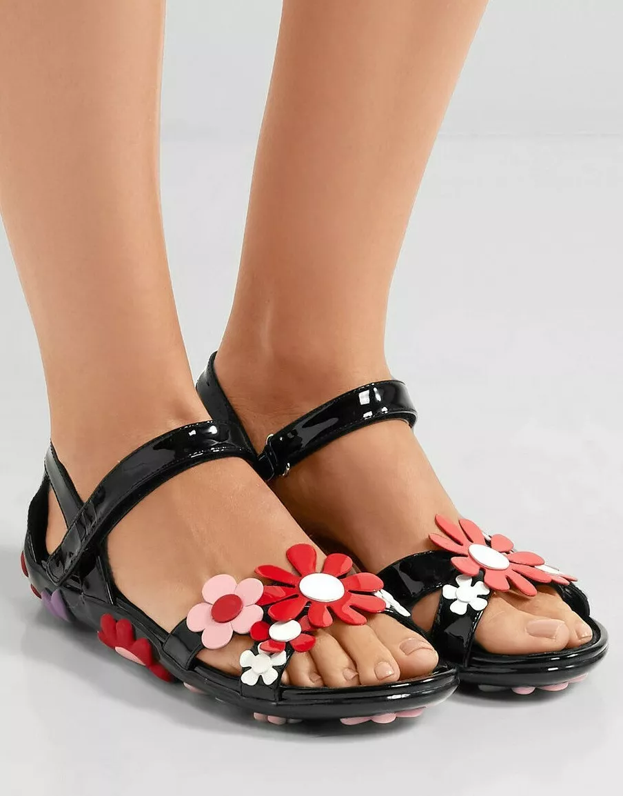 PRADA Floral appliqu d black patent leather sandals sz US 6.5 EU 36.5 960 NEW