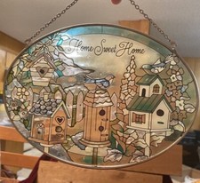 Floral Bird Hand Painted Stained Glass HOME SWEET HOME Sun Catcher GOOD SHAPE