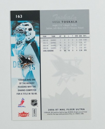 2006-07 Fleer Ultra Hockey #163 Vesa Toskala - Picture 2 of 2