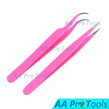 2Pcs Eyelash Extension Tweezers Straight Curved Stainless Steel Makeup Kit Set