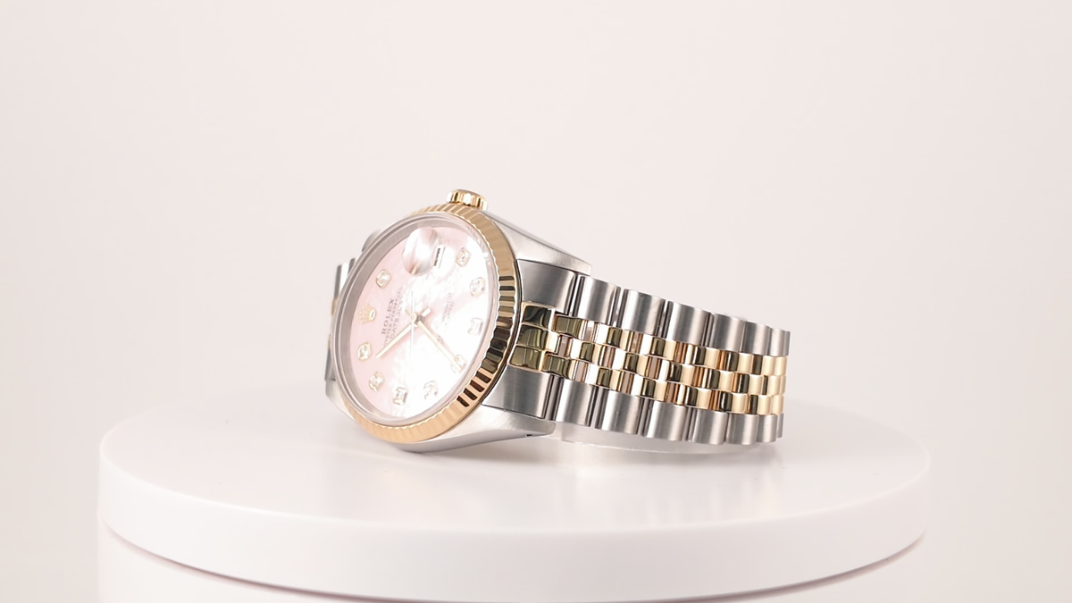 ROLEX DATEJUST 16013 GOLD & STEEL 36MM WATCH PINK MOP DIAMOND 18K