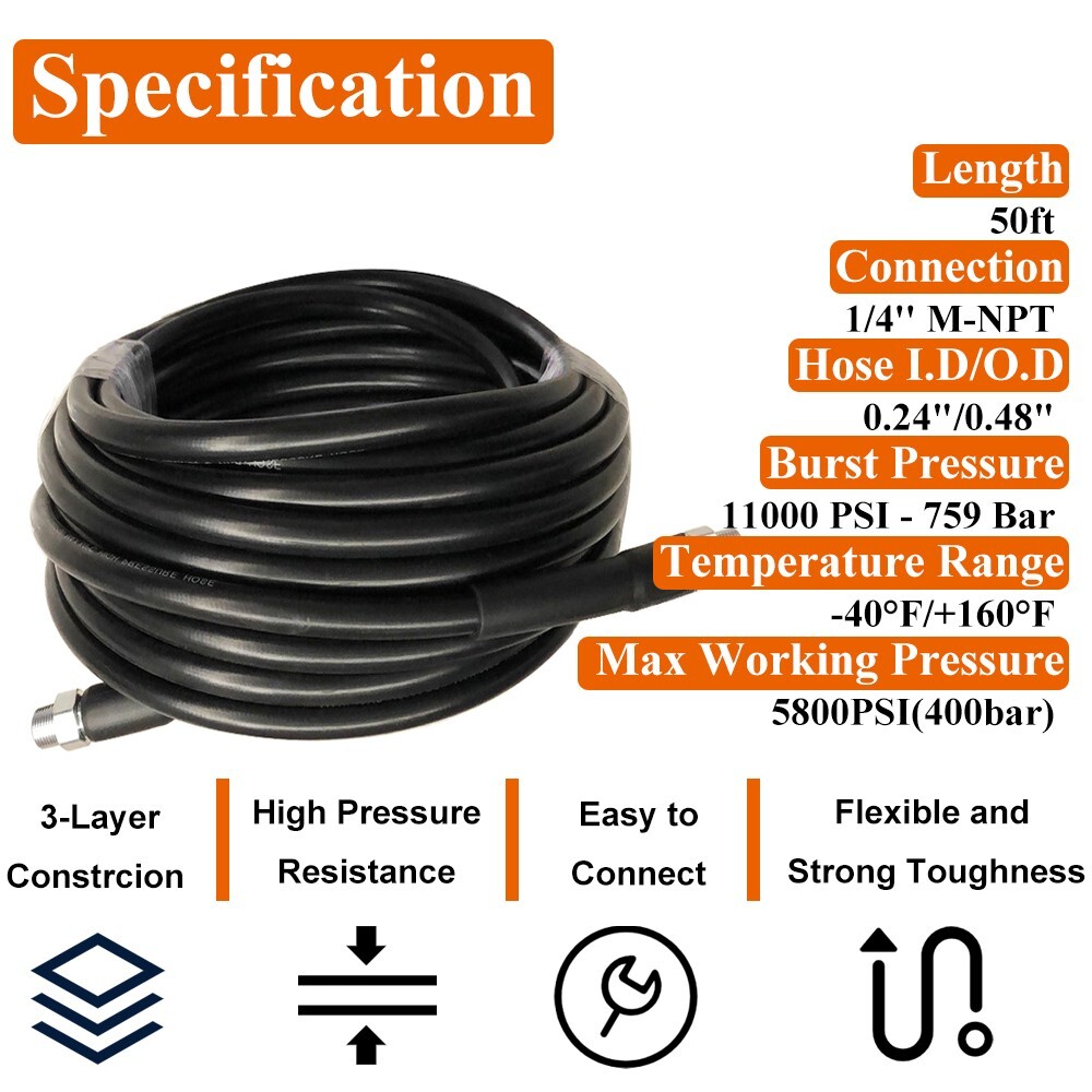 50FT 5800 PSI Sewer Jetter Nozzles Kit Pressure Washer Drain Cleaning