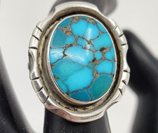 Navajo Gem Blue Turquoise Sterling Silver Quality Bezel Ring Size 7