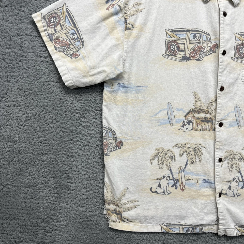 Big Dogs Hawaiian Shirt Mens XL Beige Linen Rayon Surf Dog Woodie Aloha Print - Image 4 of 4