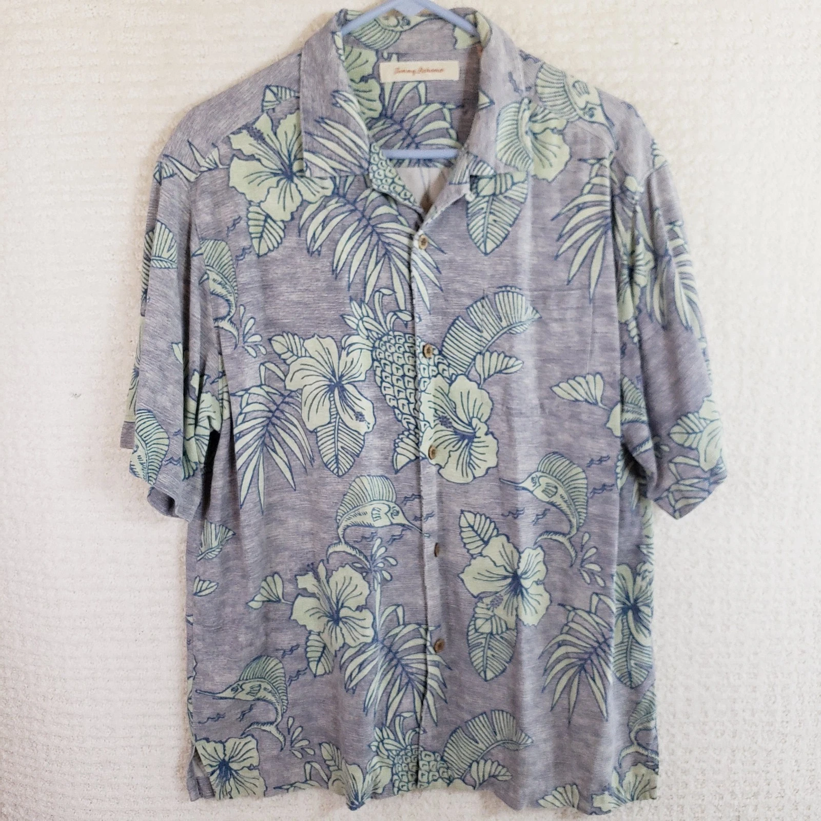Tommy Bahama Men L Gray Green 100% Silk Floral Camp Button Short Sl Shirt