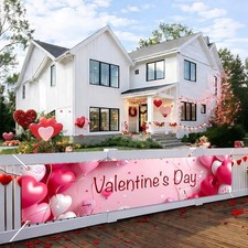 Valentines Day Fence Banner Valentines Day Pink Heart Balloon Background 79x18 I