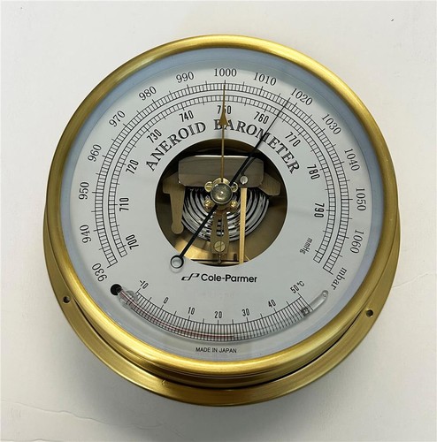 Barometer & Thermometer - Cole Parmer - mmHg / mBar, 6” Brass Case