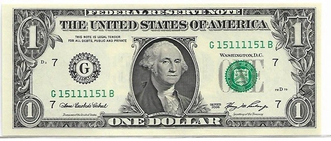 2006 $1 FRN - FANCY SERIAL NUMBER - 2-Digit RADAR Note - G15111151B - ChCU - Image 2 of 3