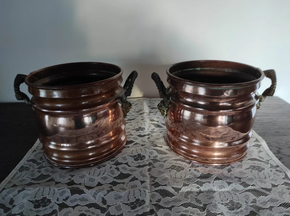 Lot de 2 cache-pots- têtes de faunes- cuivre ancien avec poignées en bronze - Photo 3/4
